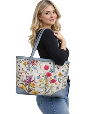 Gucci Floral Canvas Tote Blue Leather Trim Botanical Print Shoulder Bag W/COA